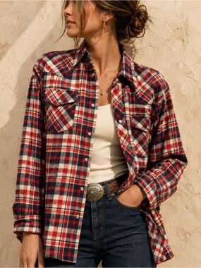70s Vintage Sears Western Pearl Snap Plaid Flannel Shirt 17½ XL